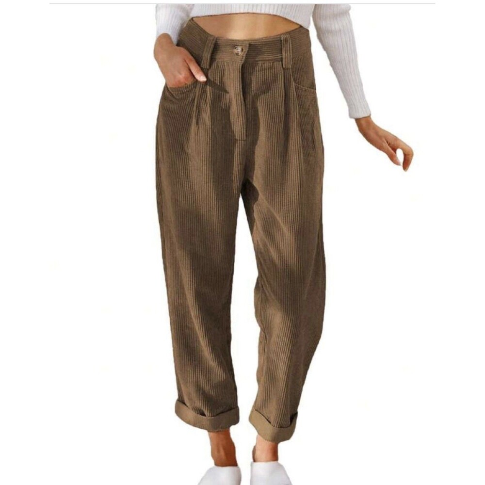 Shein Women's Corduroy Pants Straight Leg High Rise Size XXL 12/14 Pleated Brown